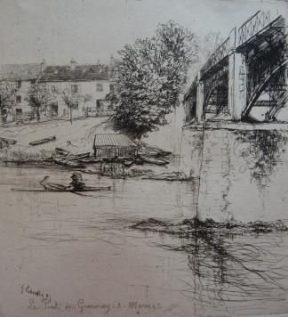 Gravure Leheutre - Le Pont de Gournay, de profil