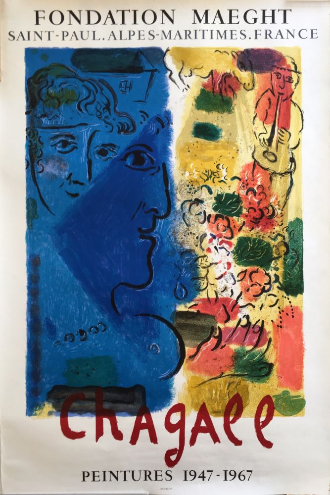 Lithographie Chagall - LE PROFIL BLEU (1967) Affiche d'exposition. Lithographie originale.