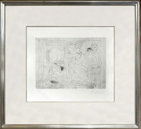 Gravure Picasso - Le repos du sculpteur devant un centaure et une femme