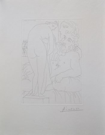 Gravure Picasso - Le repos du sculpteur devant un nu à la draperie, pl. 51 (B160 Vollard)