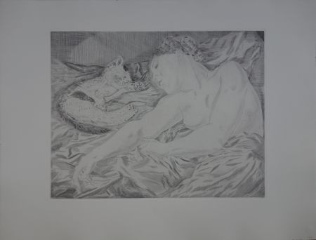 Gravure Foujita - Le rêve, Femme au chat