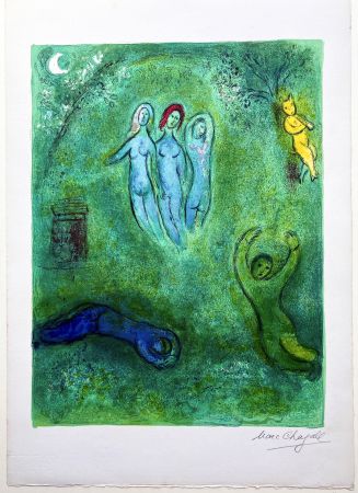 Lithographie Chagall - Le songe de Daphnis et les Nymphes (Daphnis' dream and the nymphs)  de la suite Daphnis et Chloé. 1961.