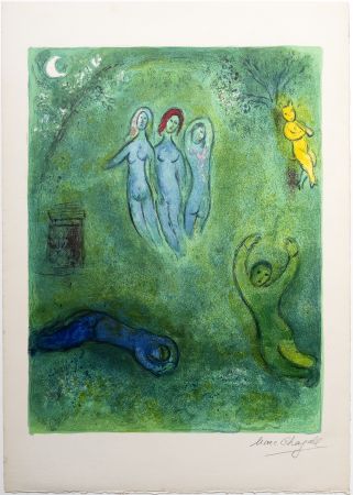 Lithographie Chagall - Le songe de Daphnis et les Nymphes (Daphnis' dream and the nymphs)  de la suite Daphnis et Chloé. 1961.