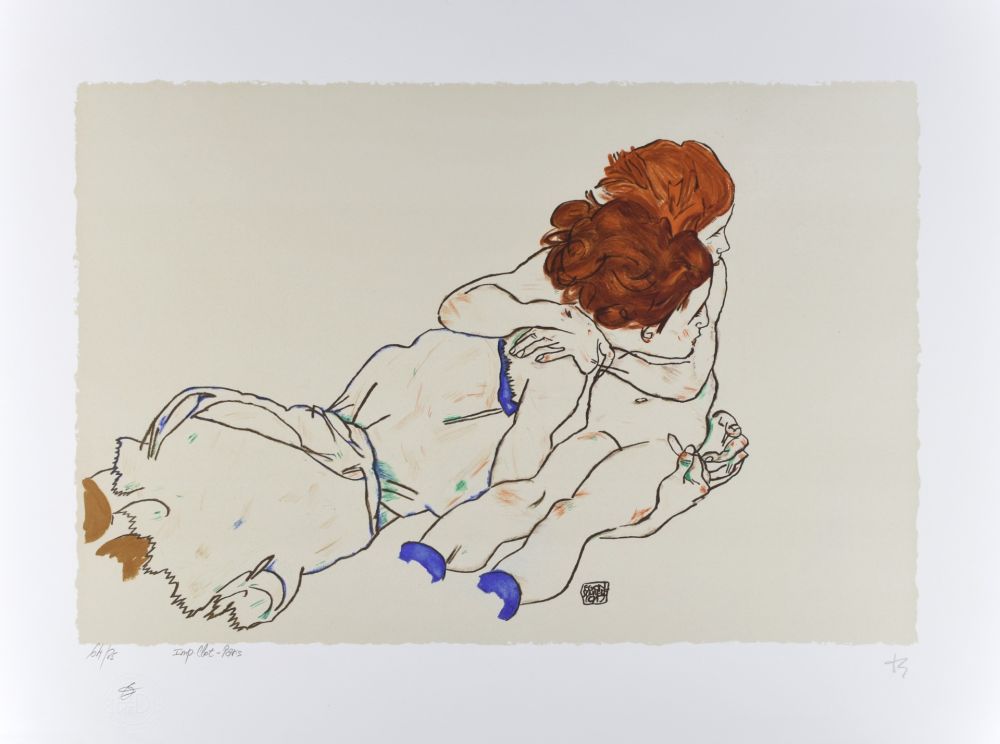 Lithographie Schiele - L'envol / The flight, 1917 (Mutter mit kind / Mother and child)