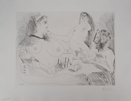 Gravure Picasso - Les 156, planche 144 : Belle jeune femme à sa toilette rêvant qu'elle possède un petit homme des bois émacié portant un oiseau
