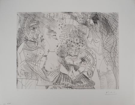 Gravure Picasso - Les 156, planche 154 : La Fête de la patronne, confetti et diablotin. Fine tranche de Degas