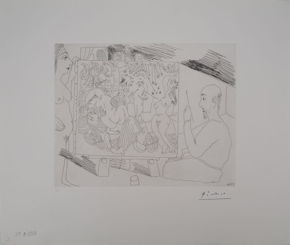Gravure Picasso - Les 156, planche 29 : Peintre dans son atelier peignant « Le Déjeuner sur l’herbe », avec un modèle