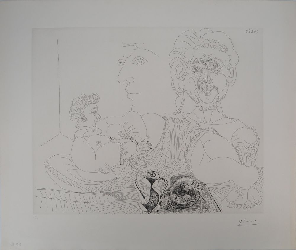 Gravure Picasso - Les 156, planche 4 : Vieux modèle pour jeune odalisque, le double regard du peintr