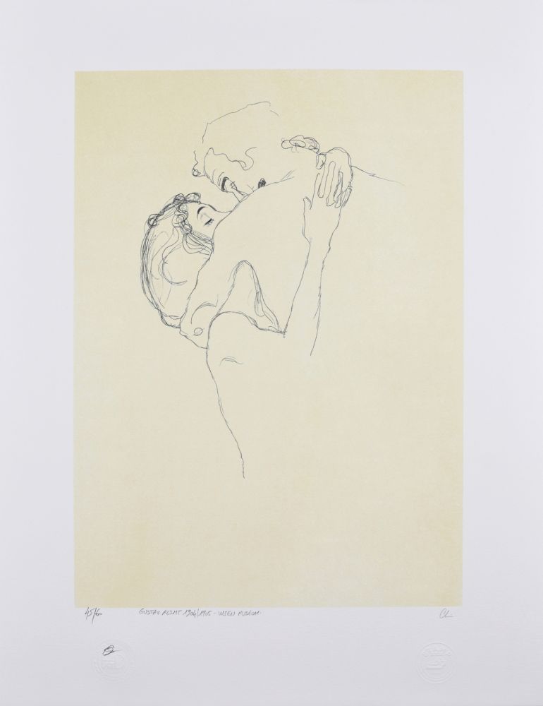 Lithographie Klimt - LES AMOUREUX / LOVERS 1904-1905 / Upper bodies of an embracing couple