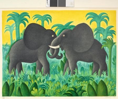 Lithographie Scherfig - Les deux éléphants