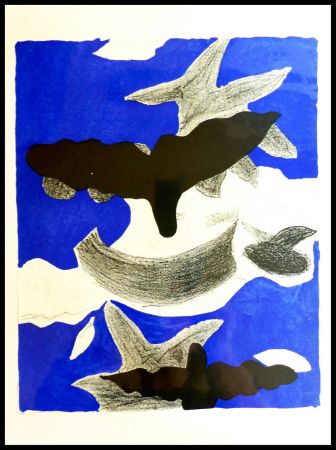 Lithographie Braque (After) - LES OISEAUX FOND BLEU