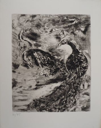 Gravure Chagall - Les paons (Le geai paré des plumes du paon)
