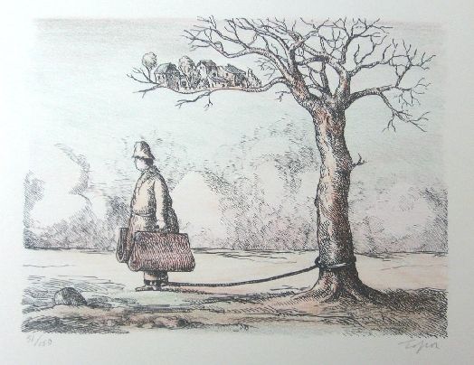 Lithographie Topor - L'homme aux valises