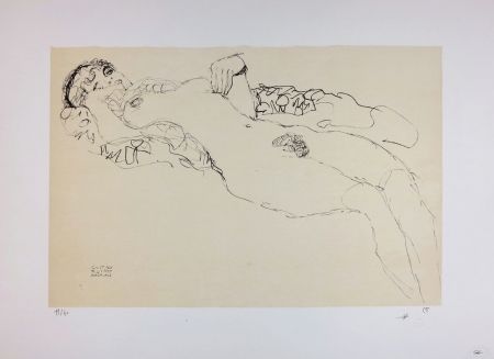 Lithographie Klimt - Liegender Mädchenakt nach links / Reclining female nude facing left - 1914
