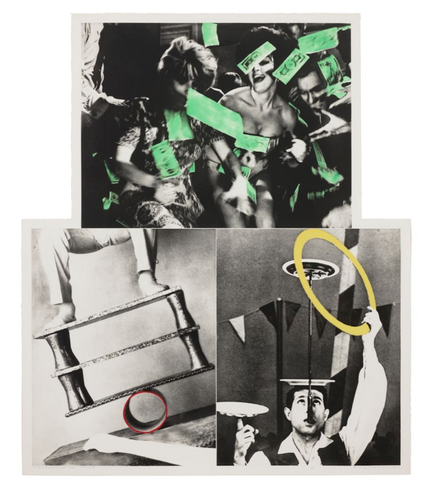 Multiple Baldessari - Life's Balance (with Money)  1989-90  Etching, aquatint and photogravure in colors, on irregularly shaped Somerset paper  51 x 31 7/8 in.  Presentation Proof  Signed in pencil, annotated 'PRESENTATION PROOF'