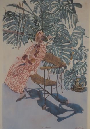 Lithographie Szafran - Lilette à la chaise de Gaudi.