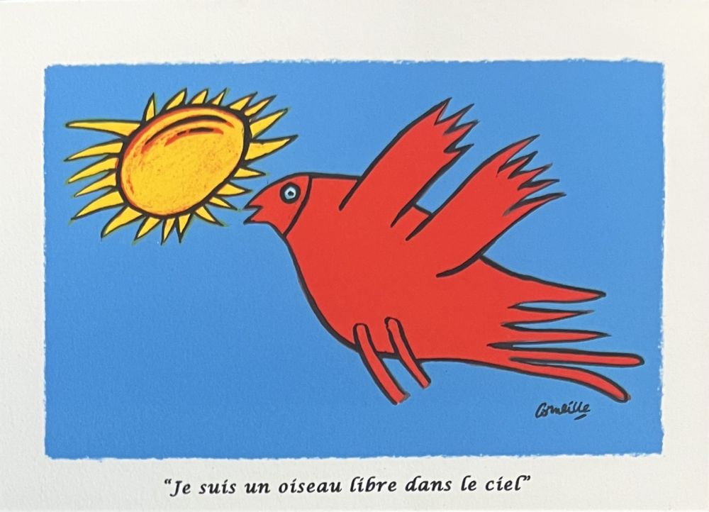 Lithographie Corneille - Lithographie Je suis un oiseau libre dans le ciel 