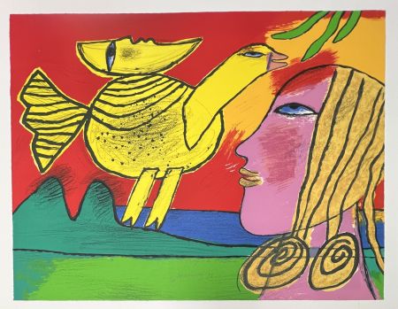 Lithographie Corneille - Lithographie La lune compagne de l'oiseau 1993