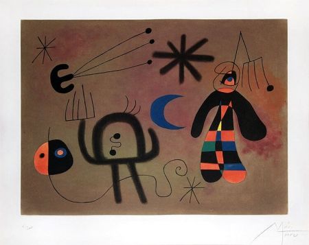 Aquatinte Miró - L'Oiseau-fusée vise la fourche glissant en cascade vers le point noir (The Rocket-Bird Aims for the Fork Cascading Down Toward the Black Point), 1952