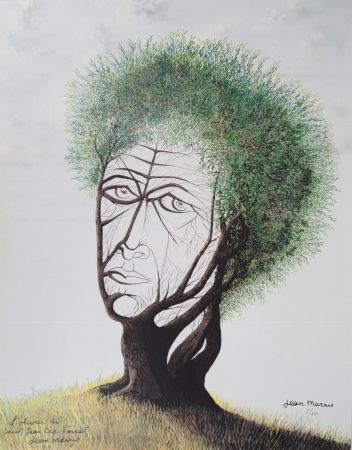 Lithographie Marais  - L'Olivier de Saint Jean Cap Ferrat - Visage dans l'arbre