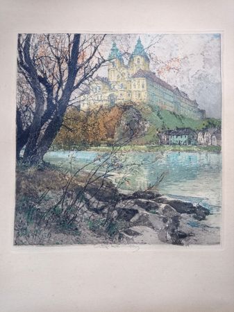Eau-Forte Et Aquatinte Kasimir - Luigi Kasimir, View from Vienna - Melk Abbey - Handcoloured Etching, 1920s