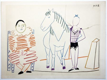 Lithographie Picasso - L'écuyère, le cheval et le clown (La Comédie Humaine - Verve 29-30. 1954).