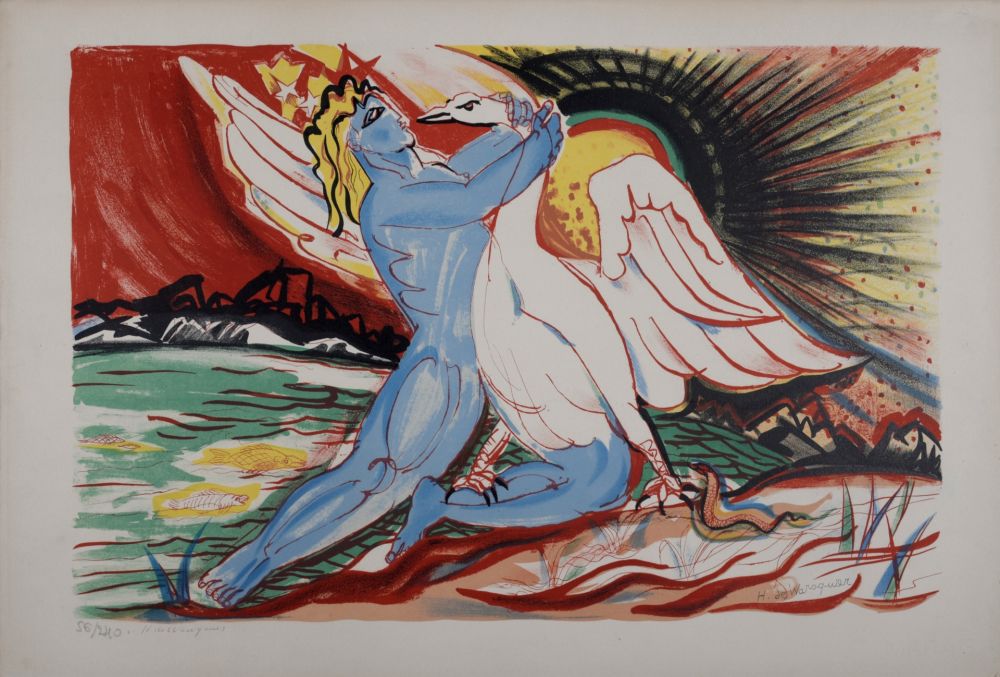 Lithographie Waroquier - Léda et le Cygne, circa 1950