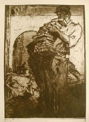 Gravure Brangwyn - Man Carrying a Pile of Books