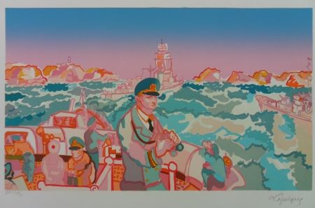 Lithographie Lapicque - Maneuvre en rade de Brest