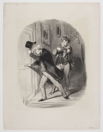 Lithographie Daumier - Manière polie de mettre un bourgeois à la porte d'un atelier, lui jouer quarante sept fois de suite l'air de la Monaco. 