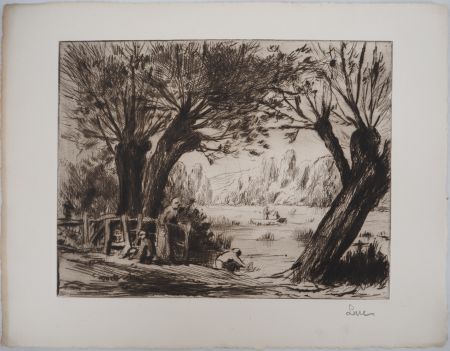 Pointe-Sèche Luce - Maximilien LUCE - Baigneurs, pécheurs et promeneurs Vers 1895 - Gravure originale signée