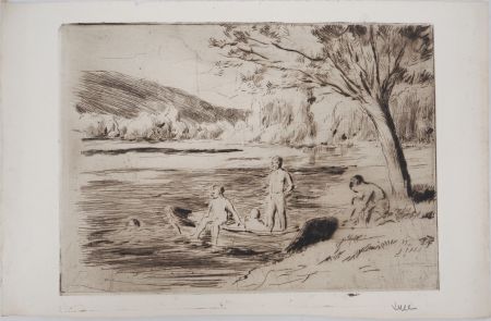 Pointe-Sèche Luce - Maximilien LUCE - Baigneurs à la rivière, Bessy Vers 1890 - Gravure originale signée