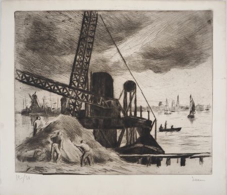 Pointe-Sèche Luce - Maximilien LUCE - Grue du port de Rotterdam Vers 1890 -Gravure originale signée