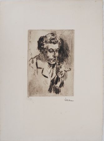 Pointe-Sèche Luce - Maximilien LUCE - Homme à la cigarette ( portrait de Jean Peské) Vers 1895 - Gravure originale signée