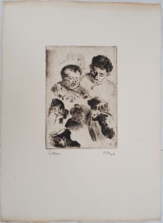 Pointe-Sèche Luce - Maximilien LUCE - La famille réunie ( étude) Vers 1890 - Gravure originale signée