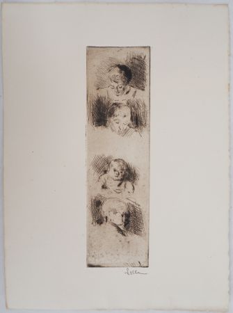 Pointe-Sèche Luce - Maximilien LUCE - La Fratrie (Etude de quatre enfants) Vers 1890 - Gravure originale signée