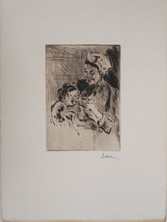 Pointe-Sèche Luce - Maximilien LUCE - La Nourrice et le nouveau-né Vers 1890 - Gravure originale signée