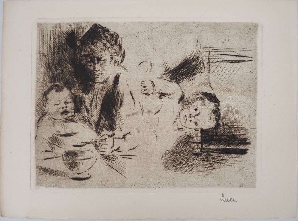 Pointe-Sèche Luce - Maximilien LUCE - Maternité : le repas et le coucher de l'enfant Vers 1895 - Gravure originale signée