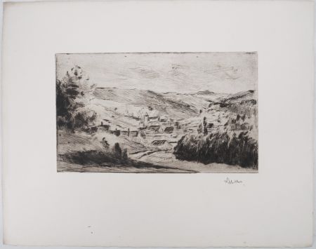 Pointe-Sèche Luce - Maximilien LUCE - Paysage d'un village de Yonne Vers 1900 - Gravure originale signée