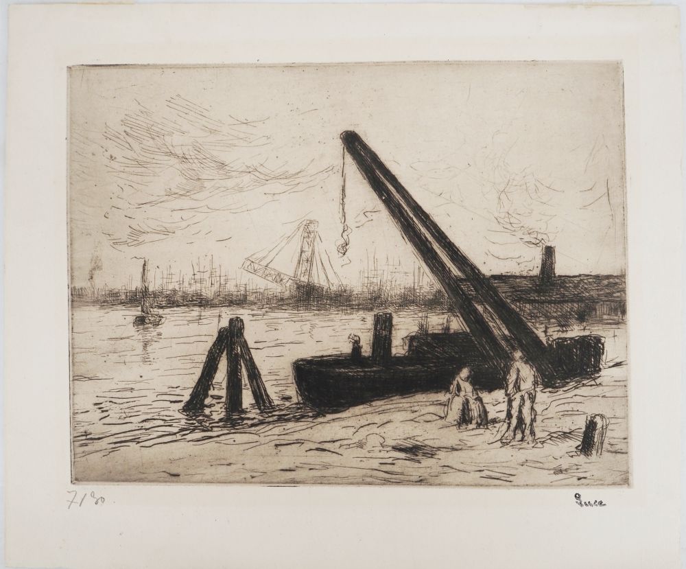 Pointe-Sèche Luce - Maximilien LUCE - Rotterdam : La grue Vers 1890 - Gravure originale signée