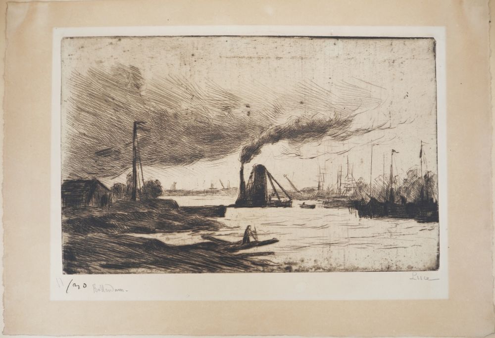 Pointe-Sèche Luce - Maximilien LUCE - Rotterdam, voiliers à quai et  fumée dans le port Vers 1890 - Gravure originale signée