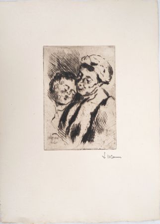 Pointe-Sèche Luce - Maximilien LUCE - Tendresse entre la grand-mère et l'enfant - Gravure originale signée