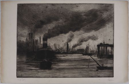 Pointe-Sèche Luce - Maximilien LUCE - Vue du port de Rotterdam Vers 1890-1895 - Gravure originale signée