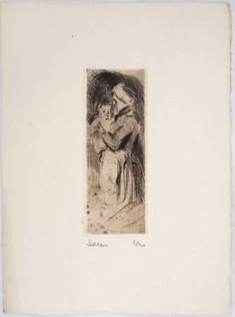 Pointe-Sèche Luce - Maximilien LUCE -Grand-mère cajolant son petit-enfant Vers 1890 -Gravure originale signée