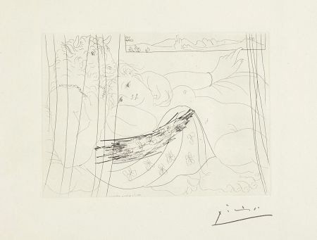 Eau-Forte Picasso - Minotaure et jeune femme enlacés rêvant sous une fenêtre (Minotaure and Young Woman Embracing Under a Window), plate 91, from La suite Vollard