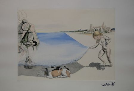Eau-Forte Dali - Moi-meme à l'age de six ans, soulevant avec une extreme précaution la peau de la mer pour observer un chien dormant à l'ombre de l'eau