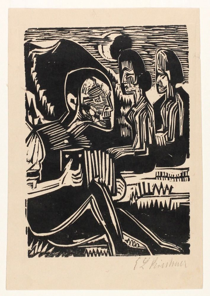 Gravure Sur Bois Kirchner - Mondnacht (Selfportrait with accordion)