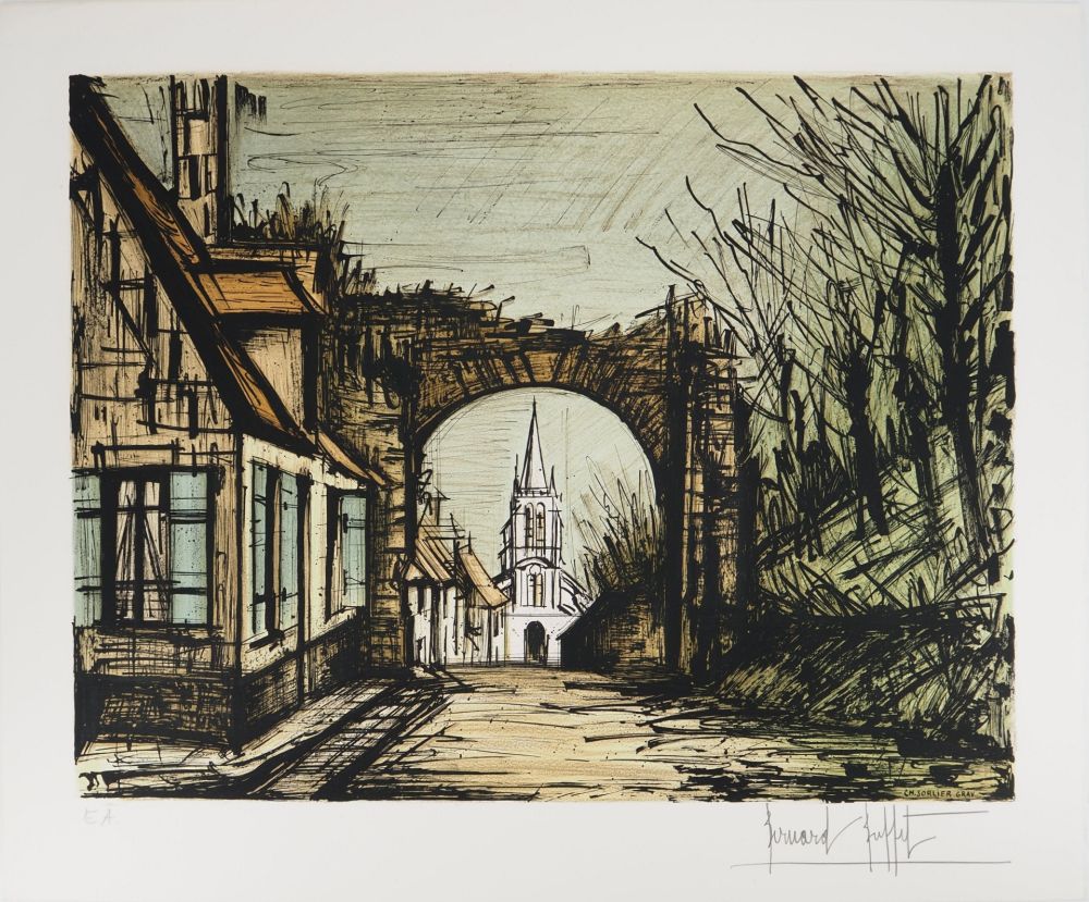 Lithographie Buffet - Montfort-l'Amaury : vue sur l'Eglise