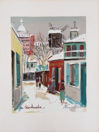 Lithographie Utrillo - Montmartre : le Moulin de la Galette et le Sacré Coeur sous la neige