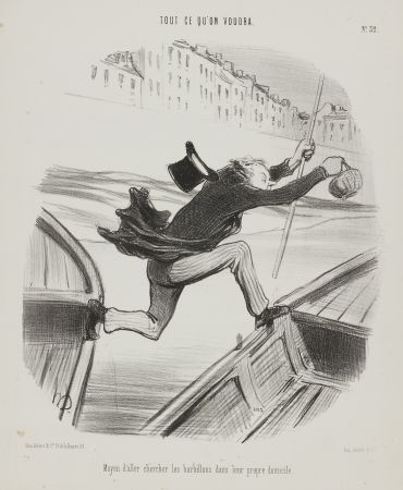 Lithographie Daumier - Moyen d'aller chercher les barbillons dans leur propre domicile 